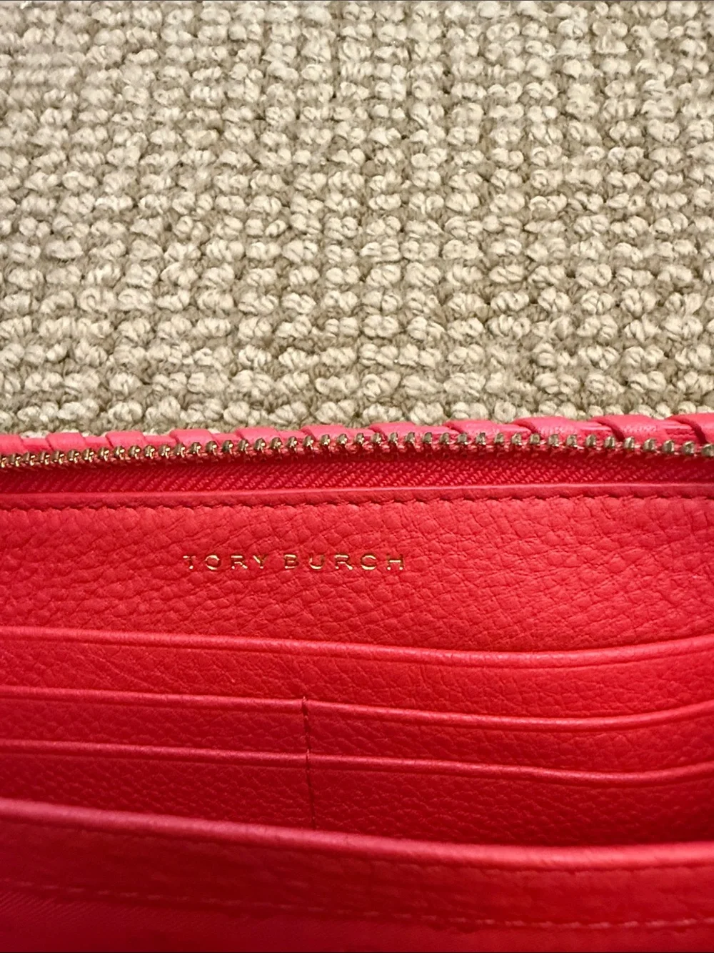 Tory Burch Coral-Red Whipstitch Zip Wallet